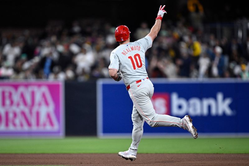 Apr 26, 2024; San Diego, California, USA; Philadelphia Phillies catcher J.T. Realmuto (10) rounds the bases after hitting a two-run home run against the San Diego Padres during the seventh inning at Petco Park. Mandatory Credit: Orlando Ramirez-USA TODAY Sports