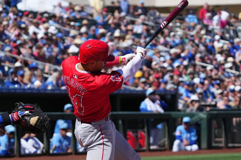 Mar 13, 2024; Surprise, Arizona, USA; Los Angeles Angels catcher Logan O’Hoppe (14) bats against the Kansas City Royals during the second inning at Surprise Stadium. Mandatory Credit: Joe Camporeale-USA TODAY Sports