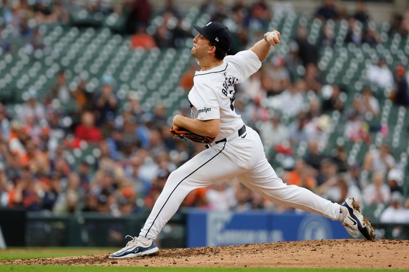 Sep 24, 2024; Detroit, Michigan, USA;  Detroit Tigers relief pitcher Beau Brieske (4) pitches in the ninth inning against the Tampa Bay Rays at Comerica Park. Mandatory Credit: Rick Osentoski-Imagn Images