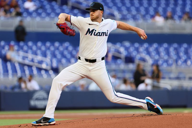 Apr 29, 2024; Miami, Florida, USA; Miami Marlins starting pitcher Trevor Rogers (28) delivers a pitch against the Washington Nationals during the first inning at loanDepot Park. Mandatory Credit: Sam Navarro-USA TODAY Sports