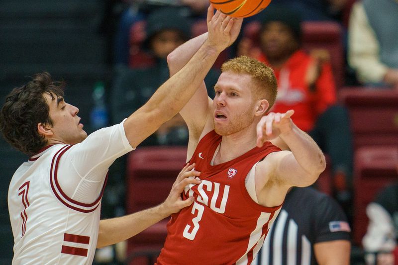 Feb 23, 2023; Stanford, California, USA;  Stanford Cardinal guard Isa Silva (1) blocks the pass attempt by Washington State Cougars guard Jabe Mullins (3) during the first half at Maples Pavilion. Mandatory Credit: Neville E. Guard-USA TODAY Sports