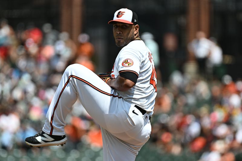 Jul 28, 2024; Baltimore, Maryland, USA;  Baltimore Orioles starting pitcher Albert Suarez (49) delivers a first inning pitch against the San Diego Padres at Oriole Park at Camden Yards. Mandatory Credit: James A. Pittman-USA TODAY Sports