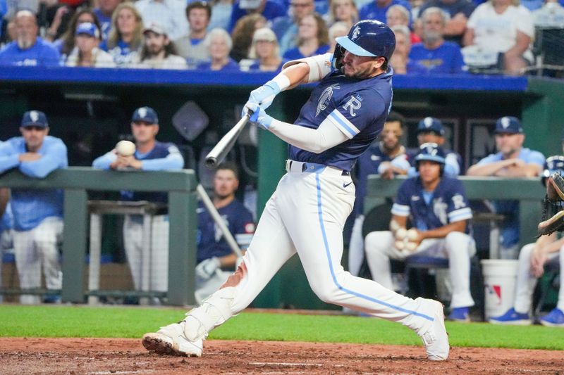 Aug 23, 2024; Kansas City, Missouri, USA; Kansas City Royals first baseman Vinnie Pasquantino (9) hits a one run single against the Philadelphia Phillies in the third inning at Kauffman Stadium. Mandatory Credit: Denny Medley-USA TODAY Sports