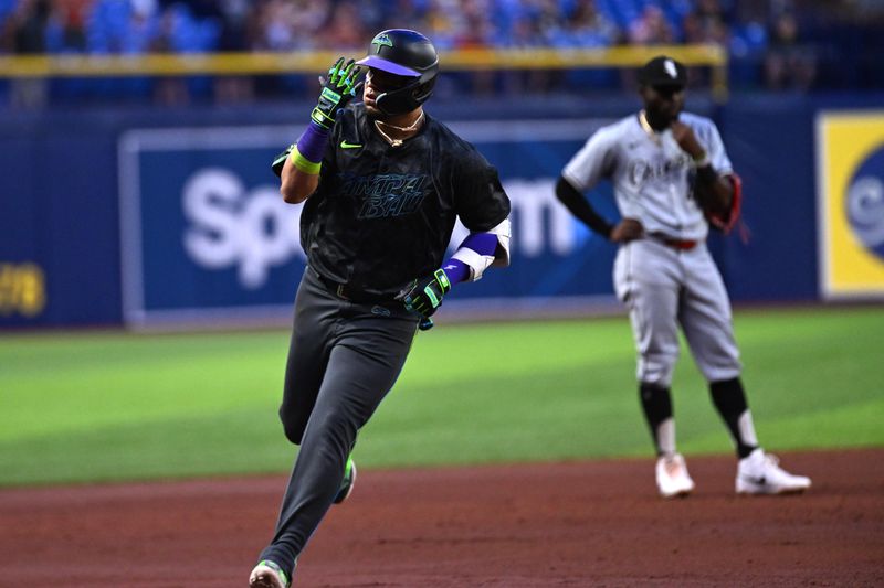 May 7, 2024; St. Petersburg, Florida, USA; Tampa Bay Rays third baseman Isaac Paredes (17) celebrates after hitting a solo home run in the seventh inning against the Chicago White Sox at Tropicana Field. Mandatory Credit: Jonathan Dyer-USA TODAY Sports