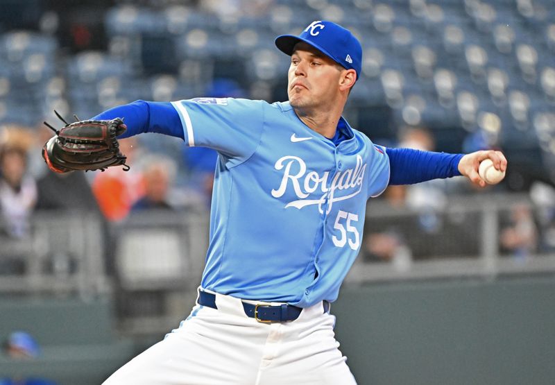 Apr 25, 2024; Kansas City, Missouri, USA;  Kansas City Royals starting pitcher Cole Ragans (55) delivers a pitch in the first inning against the Toronto Blue Jays at Kauffman Stadium. Mandatory Credit: Peter Aiken-USA TODAY Sports