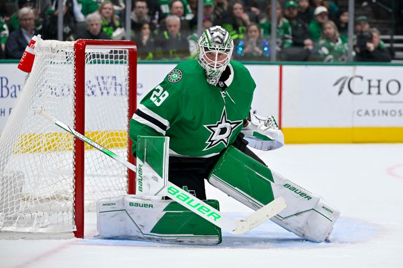 Jan 25, 2024; Dallas, Texas, USA; Dallas Stars goaltender Jake Oettinger (29) faces the Anaheim Ducks attack during the third period at the American Airlines Center. Mandatory Credit: Jerome Miron-USA TODAY Sports