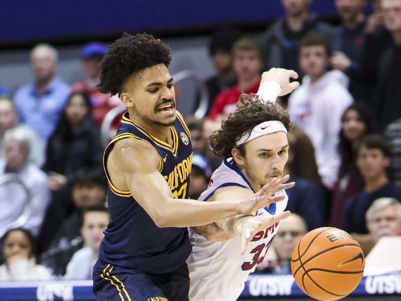 Jan 29, 2025; Dallas, Texas, USA;  Southern Methodist Mustangs forward Matt Cross (33) and California Golden Bears guard Christian Tucker (22) battle for the ball during the second half at Moody Coliseum. Mandatory Credit: Kevin Jairaj-Imagn Images