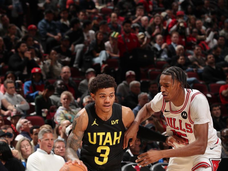 CHICAGO, IL - NOVEMBER 4: Keyonte George #3 of the Utah Jazz drives to the basket during the game against the Chicago Bulls on NOVEMBER 4, 2024 at United Center in Chicago, Illinois. NOTE TO USER: User expressly acknowledges and agrees that, by downloading and or using this photograph, User is consenting to the terms and conditions of the Getty Images License Agreement. Mandatory Copyright Notice: Copyright 2024 NBAE (Photo by Gary Dineen/NBAE via Getty Images)