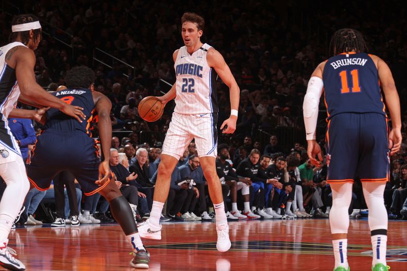 NEW YORK, NY - DECEMBER 3: Franz Wagner #22 of the Orlando Magic dribbles the ball during the game against the New York Knicks during the Emirates NBA Cup on December 3, 2024 at Madison Square Garden in New York City, New York.  NOTE TO USER: User expressly acknowledges and agrees that, by downloading and or using this photograph, User is consenting to the terms and conditions of the Getty Images License Agreement. Mandatory Copyright Notice: Copyright 2024 NBAE  (Photo by Nathaniel S. Butler/NBAE via Getty Images)