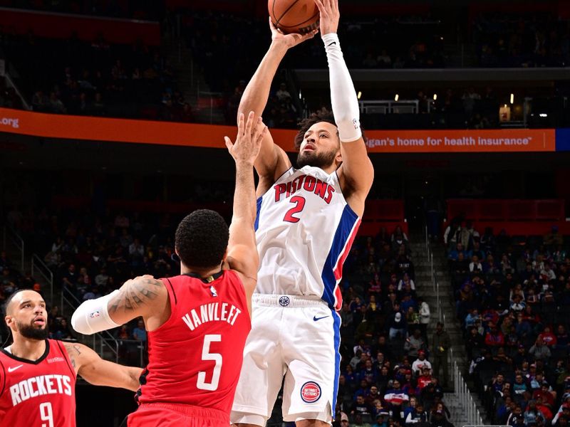 DETROIT, MI - NOVEMBER 10: Cade Cunningham #2 of the Detroit Pistons shoots the ball during the game against the Houston Rockets on November 10, 2024 at Little Caesars Arena in Detroit, Michigan. NOTE TO USER: User expressly acknowledges and agrees that, by downloading and/or using this photograph, User is consenting to the terms and conditions of the Getty Images License Agreement. Mandatory Copyright Notice: Copyright 2024 NBAE (Photo by Chris Schwegler/NBAE via Getty Images)