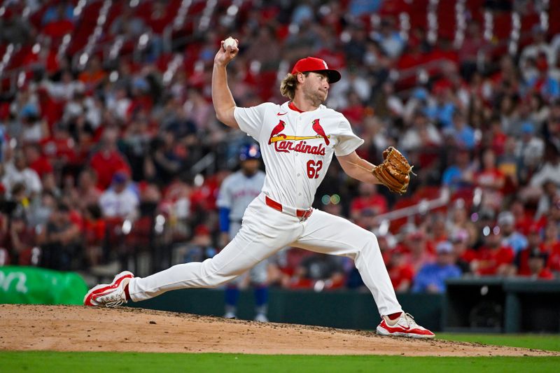 May 7, 2024; St. Louis, Missouri, USA;  St. Louis Cardinals relief pitcher Kyle Leahy (62) pitches against the New York Mets during the fifth inning at Busch Stadium. Mandatory Credit: Jeff Curry-USA TODAY Sports