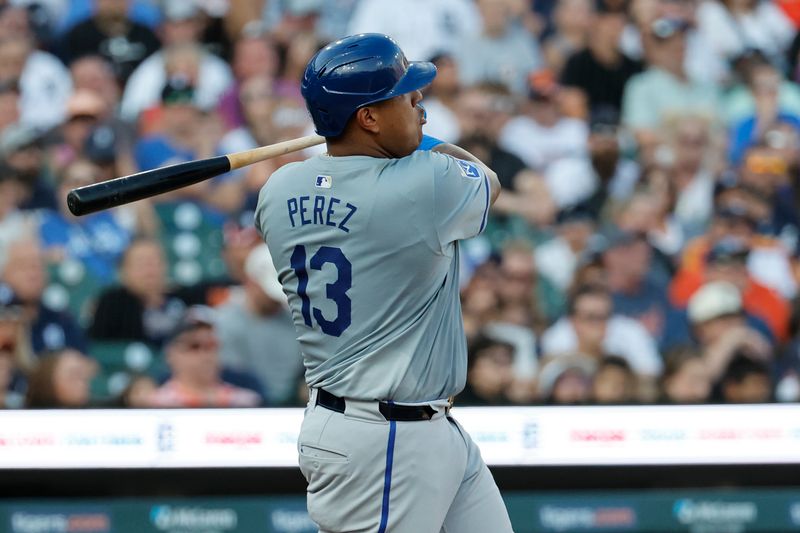 Aug 3, 2024; Detroit, Michigan, USA;  Kansas City Royals catcher Salvador Perez (13) hits a double in the fourth inning against the Detroit Tigers at Comerica Park. Mandatory Credit: Rick Osentoski-USA TODAY Sports