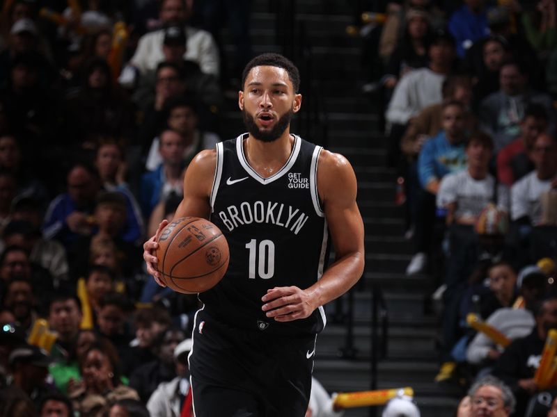 BROOKLYN, NY - OCTOBER 27: Ben Simmons #10 of the Brooklyn Nets dribbles the ball during the game against the Milwaukee Bucks on October 27, 2024 at Barclays Center in Brooklyn, New York. NOTE TO USER: User expressly acknowledges and agrees that, by downloading and or using this Photograph, user is consenting to the terms and conditions of the Getty Images License Agreement. Mandatory Copyright Notice: Copyright 2024 NBAE (Photo by Nathaniel S. Butler/NBAE via Getty Images)