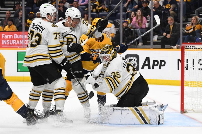 Apr 2, 2024; Nashville, Tennessee, USA; Boston Bruins goaltender Linus Ullmark (35) makes a save during the third period against the Nashville Predators at Bridgestone Arena. Mandatory Credit: Christopher Hanewinckel-USA TODAY Sports