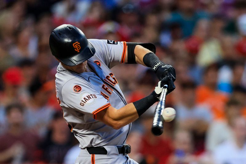 Aug 2, 2024; Cincinnati, Ohio, USA; San Francisco Giants shortstop Tyler Fitzgerald (49) hits a RBI double in the second inning against the Cincinnati Reds at Great American Ball Park. Mandatory Credit: Katie Stratman-USA TODAY Sports