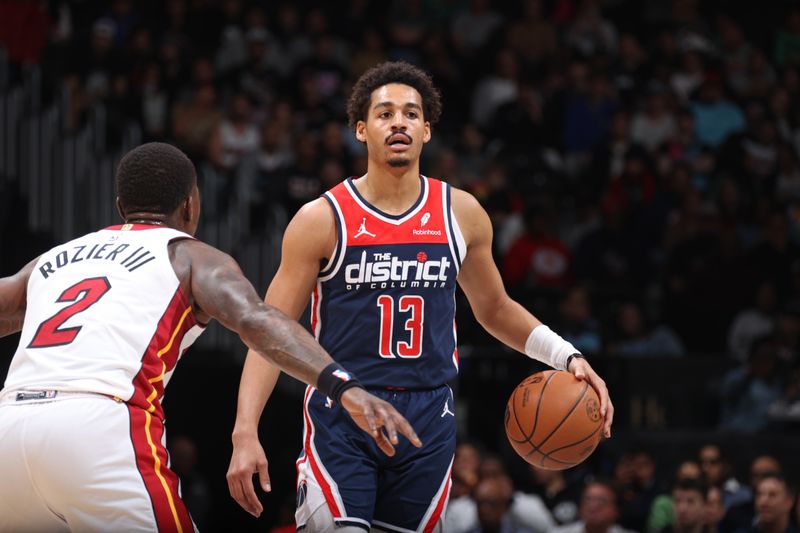 WASHINGTON, DC -? MARCH 31: Jordan Poole #13 of the Washington Wizards looks on during the game against the Miami Heat on March 31, 2024 at Capital One Arena in Washington, DC. NOTE TO USER: User expressly acknowledges and agrees that, by downloading and or using this Photograph, user is consenting to the terms and conditions of the Getty Images License Agreement. Mandatory Copyright Notice: Copyright 2024 NBAE (Photo by Stephen Gosling/NBAE via Getty Images)