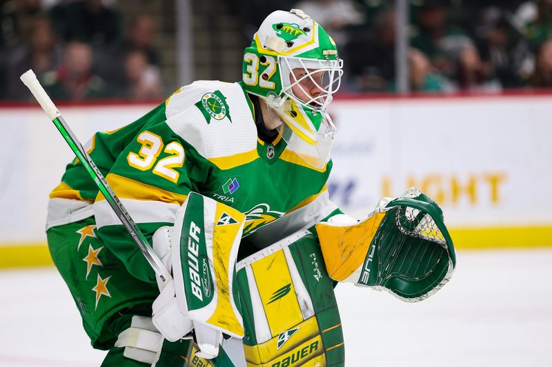 Jan 27, 2024; Saint Paul, Minnesota, USA; Minnesota Wild goaltender Filip Gustavsson (32) defends his net against the Anaheim Ducks during the first period at Xcel Energy Center. Mandatory Credit: Matt Krohn-USA TODAY Sports