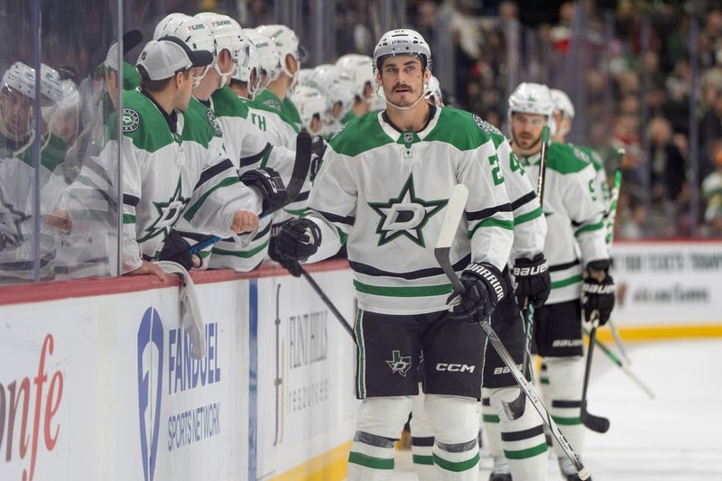 Nov 16, 2024; Saint Paul, Minnesota, USA; Dallas Stars left wing Mason Marchment (27) celebrates with teammates after scoring against the Minnesota Wild in the first period at Xcel Energy Center. Mandatory Credit: Matt Blewett-Imagn Images