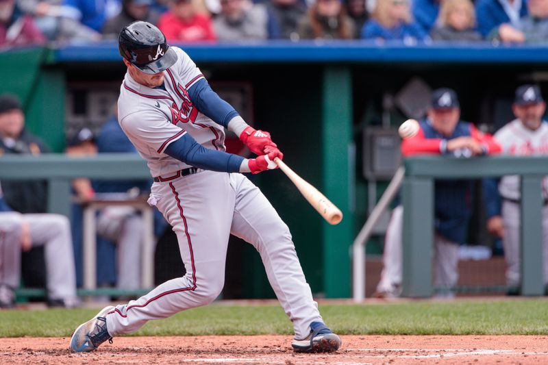 Apr 16, 2023; Kansas City, Missouri, USA; Atlanta Braves catcher Sean Murphy (12) at bat during the third inning against the Kansas City Royals at Kauffman Stadium. Mandatory Credit: William Purnell-USA TODAY Sports