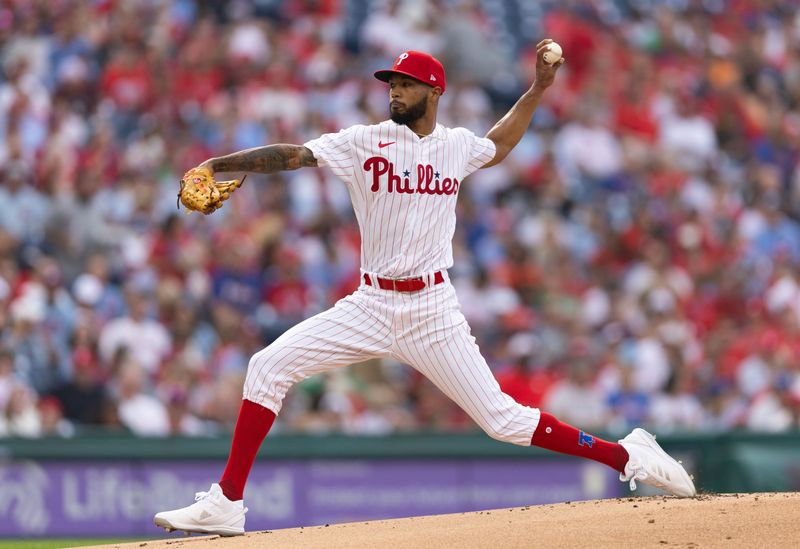 Aug 5, 2023; Philadelphia, Pennsylvania, USA; Philadelphia Phillies starting pitcher Cristopher Sanchez (61) throws a pitch during the first inning against the Kansas City Royals at Citizens Bank Park. Mandatory Credit: Bill Streicher-USA TODAY Sports