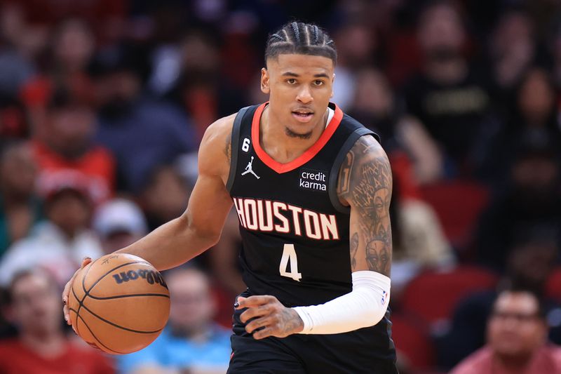 HOUSTON, TEXAS - JANUARY 18: Jalen Green #4 of the Houston Rockets in action against the Charlotte Hornets during the second half at Toyota Center on January 18, 2023 in Houston, Texas. NOTE TO USER: User expressly acknowledges and agrees that, by downloading and or using this photograph, User is consenting to the terms and conditions of the Getty Images License Agreement. (Photo by Carmen Mandato/Getty Images)