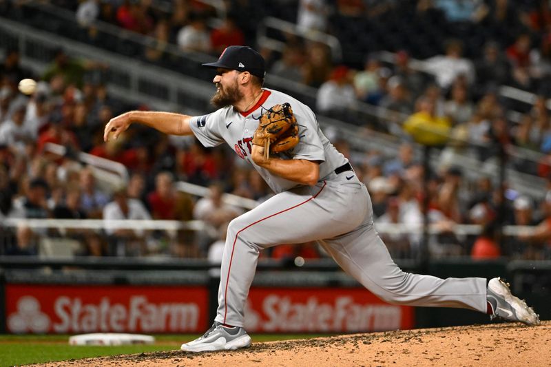 Aug 16, 2023; Washington, District of Columbia, USA; Boston Red Sox relief pitcher John Schreiber (46) throws to the Washington Nationals during the seventh inning at Nationals Park. Mandatory Credit: Brad Mills-USA TODAY Sports