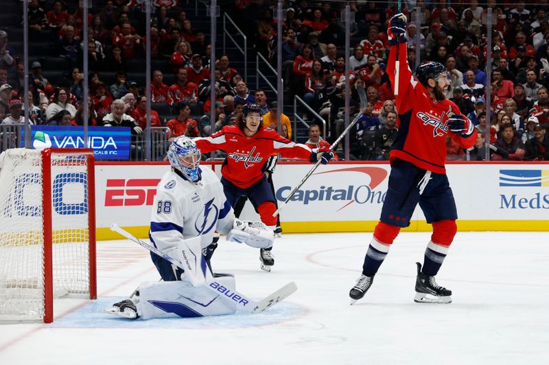 Oct 14, 2025; Washington, District of Columbia, USA; Washington Capitals right wing Tom Wilson (43) celebrates after scoring a goal on Tampa Bay Lightning goaltender Andrei Vasilevskiy (88) in the third period at Capital One Arena. Mandatory Credit: Geoff Burke-Imagn Images