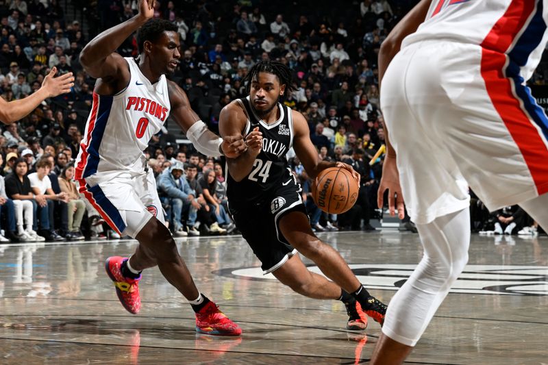 BROOKLYN, NY - NOVEMBER 3: Cam Thomas #24 of the Brooklyn Nets drives to the basket during the game against the Detroit Pistons on November 3, 2024 at Barclays Center in Brooklyn, New York. NOTE TO USER: User expressly acknowledges and agrees that, by downloading and or using this Photograph, user is consenting to the terms and conditions of the Getty Images License Agreement. Mandatory Copyright Notice: Copyright 2024 NBAE (Photo by David Dow/NBAE via Getty Images)