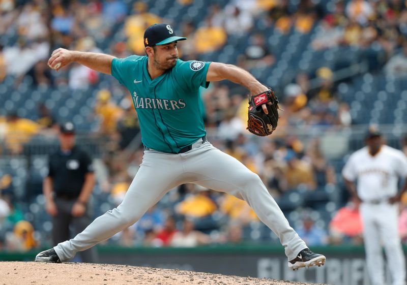 Aug 17, 2024; Pittsburgh, Pennsylvania, USA;  Seattle Mariners relief pitcher JT Chargois (84) pitches against the Pittsburgh Pirates during the seventh inning at PNC Park. Mandatory Credit: Charles LeClaire-USA TODAY Sports