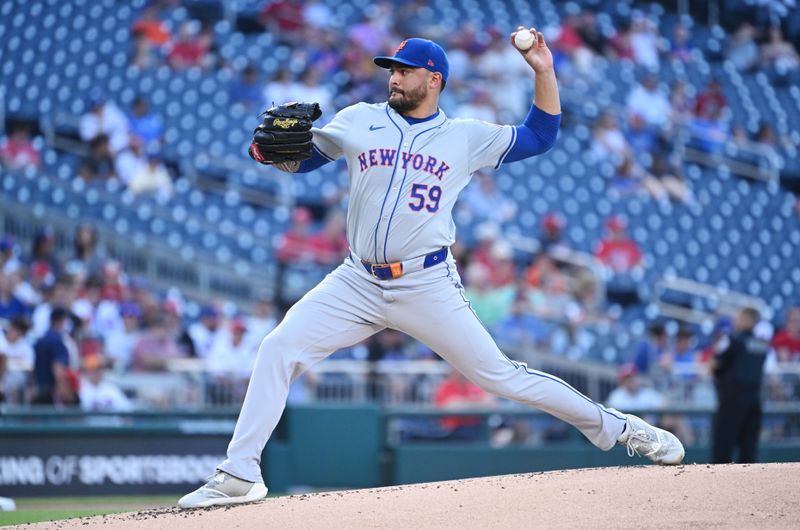 Jul 2, 2024; Washington, District of Columbia, USA; New York Mets starting pitcher Sean Manaea (59) throws a pitch against the Washington Nationals during the first inning at Nationals Park. Mandatory Credit: Rafael Suanes-USA TODAY Sports