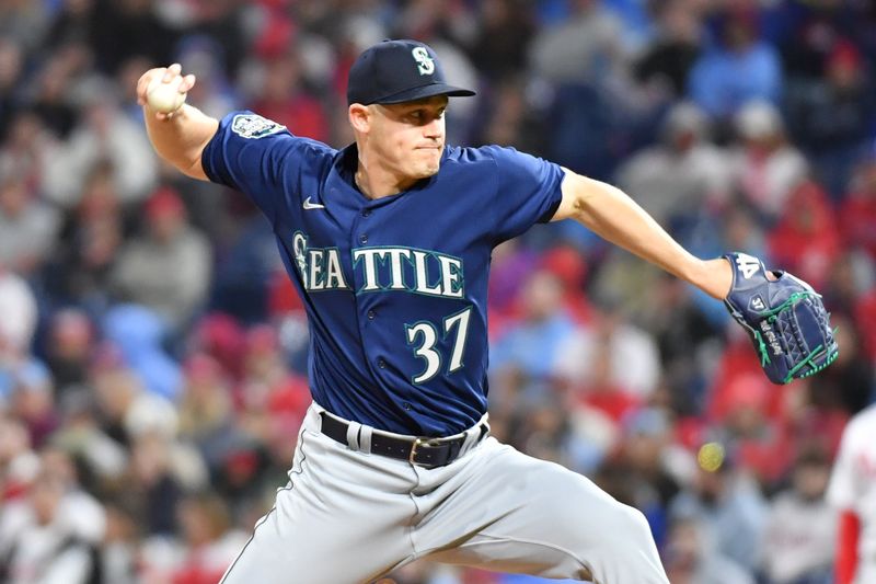 Apr 25, 2023; Philadelphia, Pennsylvania, USA; Seattle Mariners relief pitcher Paul Sewald (37) throws a pitch during the ninth inning against the Philadelphia Phillies at Citizens Bank Park. Mandatory Credit: Eric Hartline-USA TODAY Sports