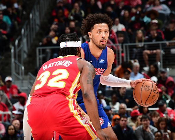 ATLANTA, GA - DECEMBER 18: Cade Cunningham #2 of the Detroit Pistons handles the ball during the game  on December 18, 2023 at State Farm Arena in Atlanta, Georgia.  NOTE TO USER: User expressly acknowledges and agrees that, by downloading and/or using this Photograph, user is consenting to the terms and conditions of the Getty Images License Agreement. Mandatory Copyright Notice: Copyright 2023 NBAE (Photo by Scott Cunningham/NBAE via Getty Images)