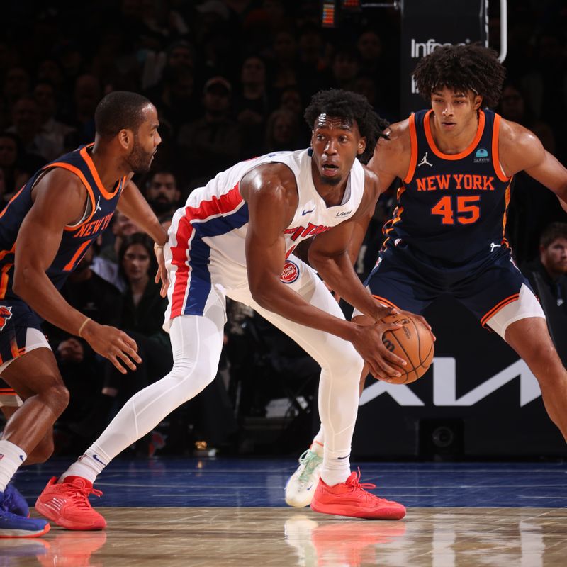 NEW YORK, NY - FEBRUARY 26: James Wiseman #13 of the Detroit Pistons looks to pass the ball during the game against the New York Knicks on February 26, 2024 at Madison Square Garden in New York City, New York.  NOTE TO USER: User expressly acknowledges and agrees that, by downloading and or using this photograph, User is consenting to the terms and conditions of the Getty Images License Agreement. Mandatory Copyright Notice: Copyright 2024 NBAE  (Photo by Nathaniel S. Butler/NBAE via Getty Images)