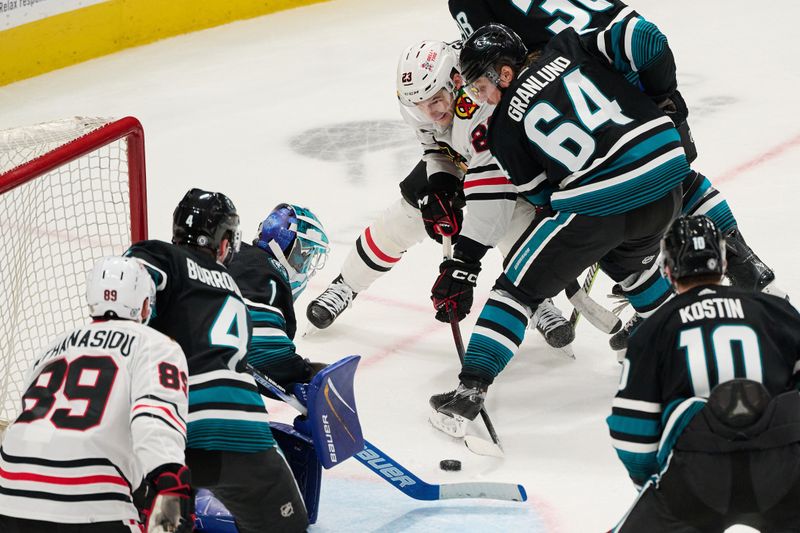 Mar 23, 2024; San Jose, California, USA; Chicago Blackhawks center Philipp Kurashev (23) scores the game-tying goal against the San Jose Sharks during the third period at SAP Center at San Jose. Mandatory Credit: Robert Edwards-USA TODAY Sports