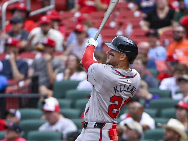 Jun 26, 2024; St. Louis, Missouri, USA; Atlanta Braves center fielder Jarred Kelenic (24) hits a two run home run against the St. Louis Cardinals during the sixth inning at Busch Stadium. Mandatory Credit: Jeff Curry-USA TODAY Sports