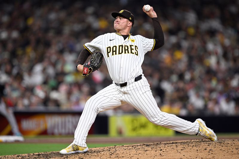 Jul 6, 2024; San Diego, California, USA; San Diego Padres relief pitcher Adrian Morejon (50) pitches against the Arizona Diamondbacks during the ninth inning at Petco Park. Mandatory Credit: Orlando Ramirez-USA TODAY Sports