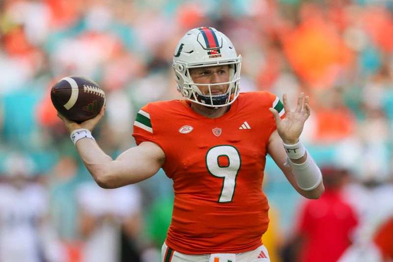 Oct 28, 2023; Miami Gardens, Florida, USA; Miami Hurricanes quarterback Tyler Van Dyke (9) throws the football against the Virginia Cavaliers during the second quarter at Hard Rock Stadium. Mandatory Credit: Sam Navarro-USA TODAY Sports