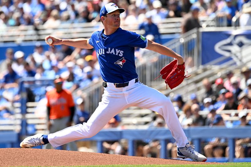 Mar 19, 2024; Dunedin, Florida, USA; Toronto Blue Jays starting pitcher Chris Bassitt (40) throws a pitch in the first inning of the spring training game against the Baltimore Orioles at TD Ballpark. Mandatory Credit: Jonathan Dyer-USA TODAY Sports