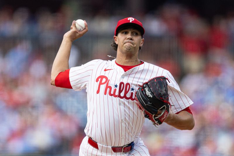 Jul 27, 2024; Philadelphia, Pennsylvania, USA;  Philadelphia Phillies pitcher Tyler Phillips (48) throws a pitch during the first inning against the Cleveland Guardians at Citizens Bank Park. Mandatory Credit: Bill Streicher-USA TODAY Sports