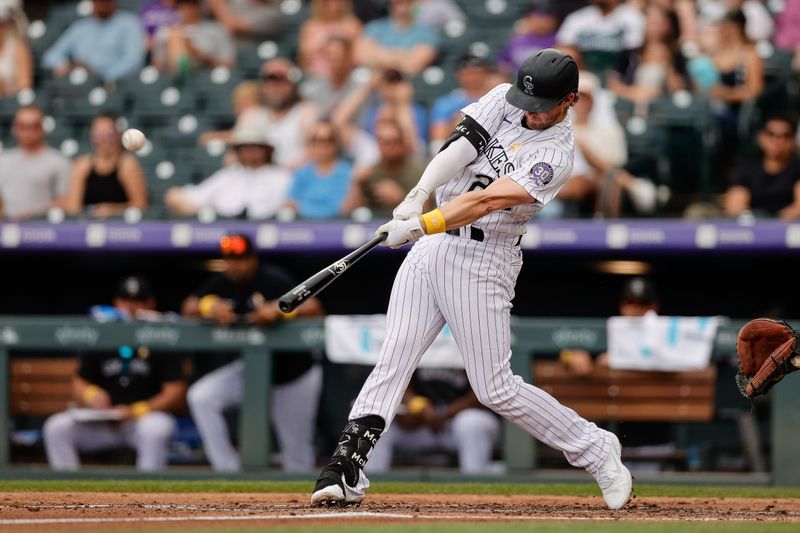 Sep 3, 2023; Denver, Colorado, USA; Colorado Rockies third baseman Ryan McMahon (24) hits an RBI double in the third inning against the Toronto Blue Jays at Coors Field. Mandatory Credit: Isaiah J. Downing-USA TODAY Sports