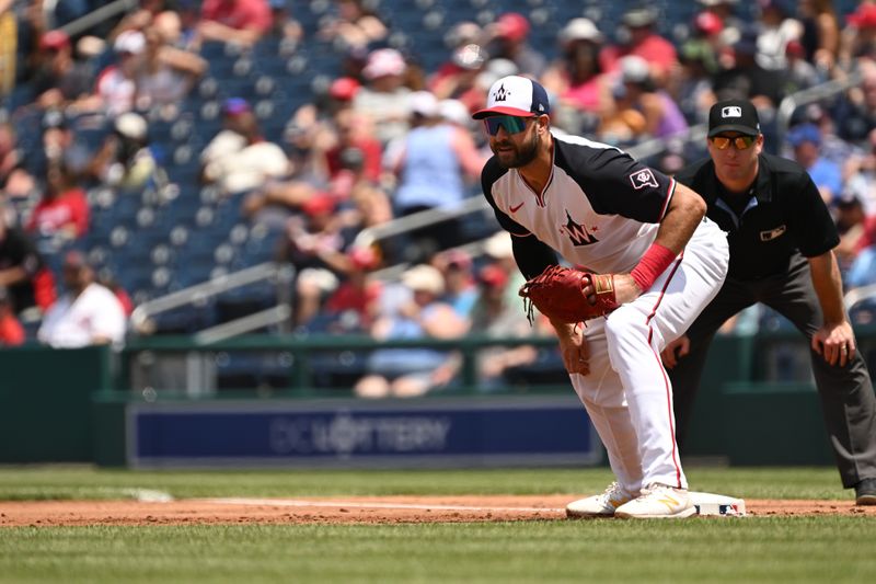 May 26, 2024; Washington, District of Columbia, USA; Washington Nationals first baseman Joey Gallo (24) waits for a throw to first base against the Seattle Mariners during the second inning at Nationals Park. Mandatory Credit: Rafael Suanes-USA TODAY Sports