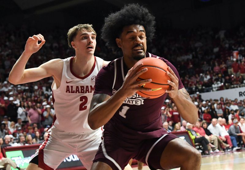 Feb 3, 2024; Tuscaloosa, Alabama, USA; Mississippi State forward Tolu Smith III (1) secures a pass with Alabama forward Grant Nelson (2) defending at Coleman Coliseum. Mandatory Credit: Gary Cosby Jr.-USA TODAY Sports