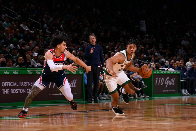 BOSTON, MA - APRIL 14: Jaden Springer #44 of the Boston Celtics drives to the basket during the game  against the Washington Wizards on April 14, 2024 at the TD Garden in Boston, Massachusetts. NOTE TO USER: User expressly acknowledges and agrees that, by downloading and or using this photograph, User is consenting to the terms and conditions of the Getty Images License Agreement. Mandatory Copyright Notice: Copyright 2024 NBAE  (Photo by Brian Babineau/NBAE via Getty Images)