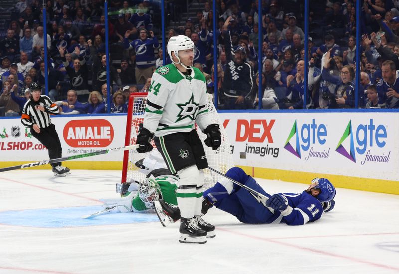 Dec 4, 2023; Tampa, Florida, USA; Tampa Bay Lightning center Luke Glendening (11) scores a goal past Dallas Stars defenseman Joel Hanley (44) on goaltender Jake Oettinger (29)  during the third period at Amalie Arena. Mandatory Credit: Kim Klement Neitzel-USA TODAY Sports