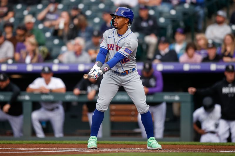 May 26, 2023; Denver, Colorado, USA; New York Mets shortstop Francisco Lindor (12) in the first inning against the Colorado Rockies at Coors Field. Mandatory Credit: Isaiah J. Downing-USA TODAY Sports