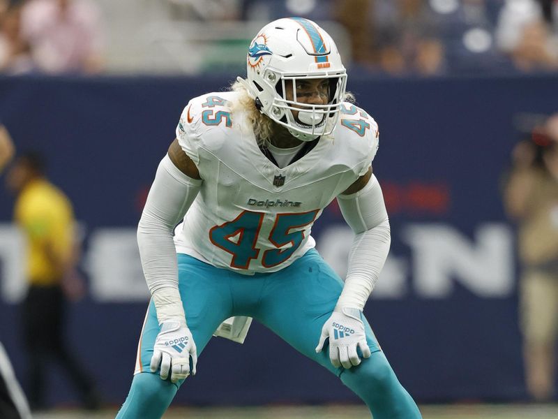 Miami Dolphins linebacker Duke Riley (45) in action during an NFL preseason football game against the Houston Texans, Saturday, Aug. 19, 2023, in Houston. (AP Photo/Tyler Kaufman)