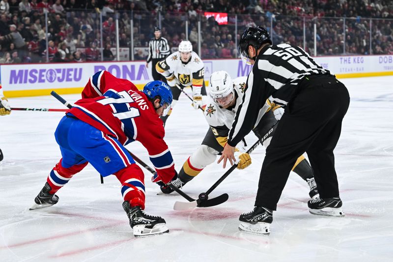 Nov 23, 2024; Montreal, Quebec, CAN; NHL linesman Scott Cherrey (50) drops the puck at a face-off between Montreal Canadiens center Jake Evans (71) and Las Vegas Golden Knights center Jack Eichel (9) during the first period at Bell Centre. Mandatory Credit: David Kirouac-Imagn Images