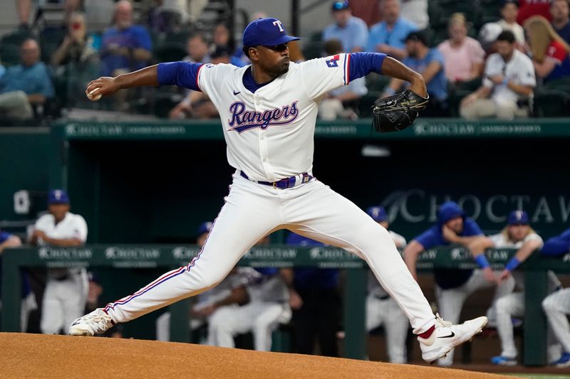 Sep 19, 2024; Arlington, Texas, USA; Texas Rangers pitcher Kumar Rocker (80) throws to the plate during the first inning against the Toronto Blue Jays at Globe Life Field. Mandatory Credit: Raymond Carlin III-Imagn Images