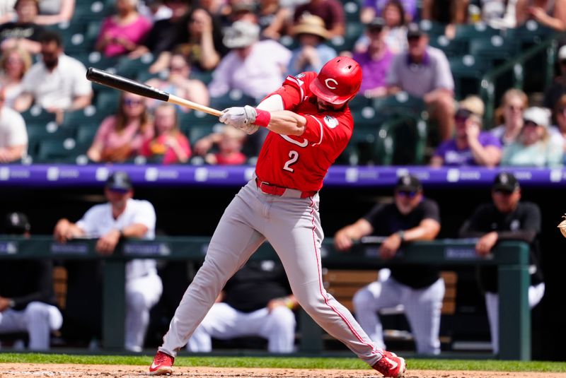 Apr 27, 2025; Denver, Colorado, USA; Cincinnati Reds outfielder Gavin Lux (2) singles in the seventh inning against the Colorado Rockies at Coors Field. Mandatory Credit: Ron Chenoy-Imagn Images