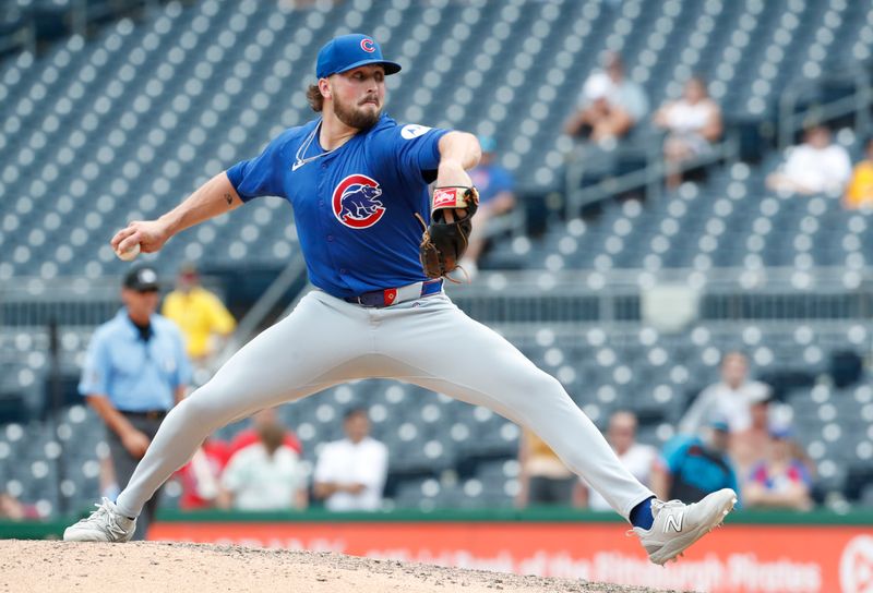 Aug 28, 2024; Pittsburgh, Pennsylvania, USA;  Chicago Cubs relief pitcher Porter Hodge (37) pitches against the Pittsburgh Pirates during the ninth inning at PNC Park.  Chicago won 14-10. Mandatory Credit: Charles LeClaire-USA TODAY Sports